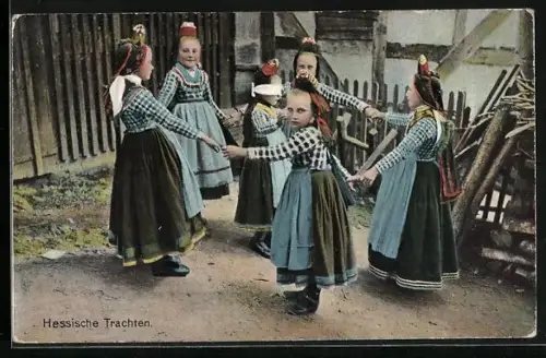 AK Kinder in Hessischer Tracht beim Ringel-Reihen