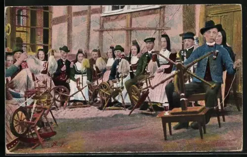 AK Hessische Spinnstube im Freien, hessische Trachten