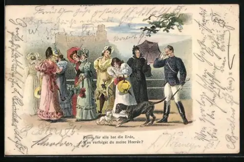 Lithographie Student mit Hund und Damengruppe mit Hündchen