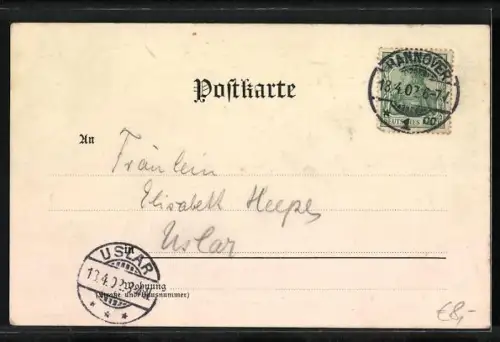 Lithographie Student mit Hund und Damengruppe mit Hündchen