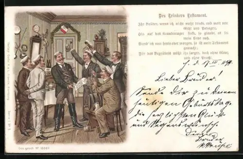 Lithographie Des Trinkers Testament, Studenten einer Burschenschaft, Studenten-Gedicht