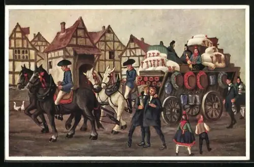 Künstler-AK Hochzeitswagen, hessische Trachten
