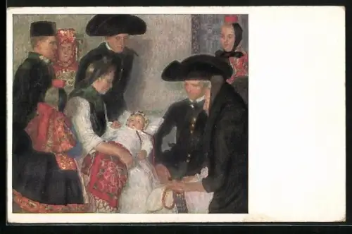 Künstler-AK W. Thielmann: Nach der Taufe, die Familie in hessischer Tracht