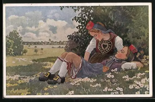 Künstler-AK Junge Mädchen geniessen die Sonne in hessischer Tracht
