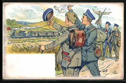Lithographie Studenten winken mit ihren Mützen und Taschentüchern einem Zug zu