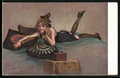 Künstler-AK St.Bender: Mädchen liegt im Negligee auf dem Bett & telefoniert, Erotik