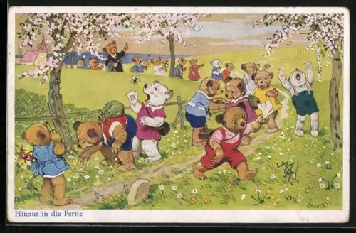 Künstler-AK Fritz Baumgarten: Hinaus in die Ferne, Teddies