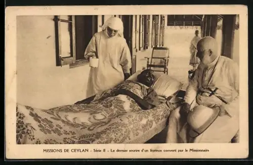 AK Missions de Ceylan, le Dernier sourire d`un lepreux converti par le Missionaire, Missionar