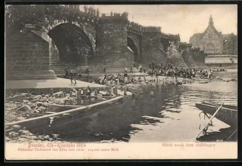 AK Dresden, Elb-Klondyke 1904, Grösster Tiefstand der Elbe seit 1800
