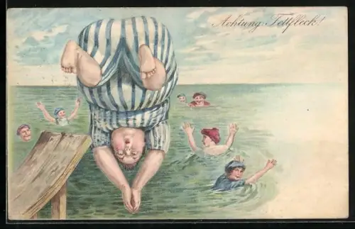 Lithographie Dicker im Badeanzug springt vom Sprungbrett ins Wasser am Meer