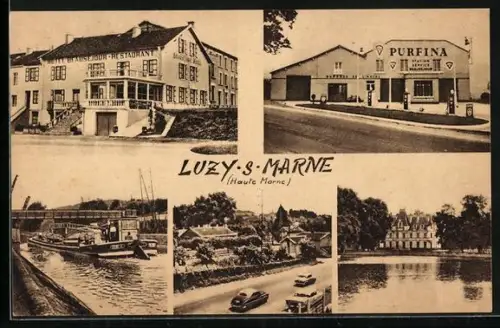 AK Luzy-sur-Marne, Vue multiple: Hôtel Beauséjour, station Purfina, canal et château
