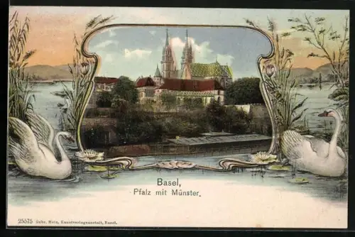 Passepartout-AK Basel, Pfalz mit Münster, Schwäne