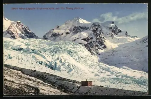 AK Ober-Engadin-Tschiervahütte, Blick zur Berghütte hinüber mit Piz Roseg