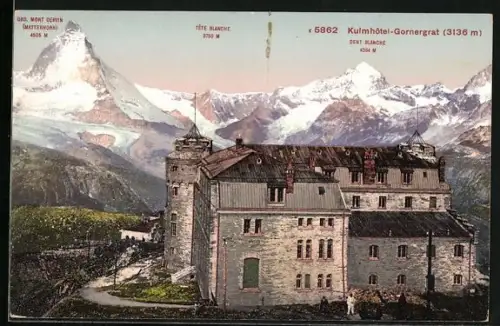 AK Gornergrat, Kulmhotel mit Dent Blanche u. Matterhorn