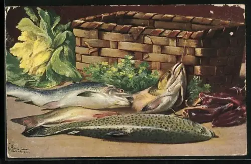 Künstler-AK Alfred Schönian: Stilleben Fischfang, Forellen und Zander