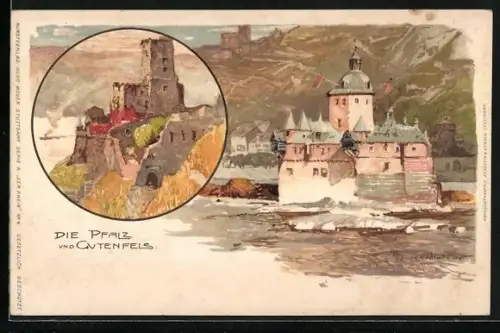 Künstler-AK Manuel Wielandt: Kaub, Die Pfalz und Gutenfels