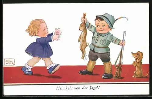Künstler-AK John Wills: Heimkehr von der Jagd!, Jäger und Dackel bringen einen Hasen mit nach Haus