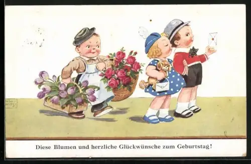Künstler-AK John Wills: Herzlichen Glückwunsch zum Geburtstag!, Kinder mit Blumenkörben und Brief