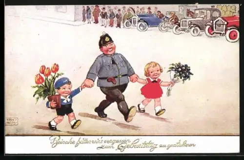 Künstler-AK John Wills: Polizist geht mit den Kindern über die Strasse, Geburtstagsgruss