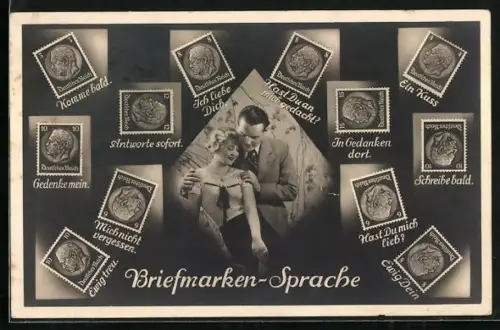 AK Briefmarkensprache für Verliebte, Gedenke mein, Ein Kuss
