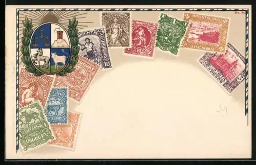 AK Uruguay, Wappen & versch. Briefmarken