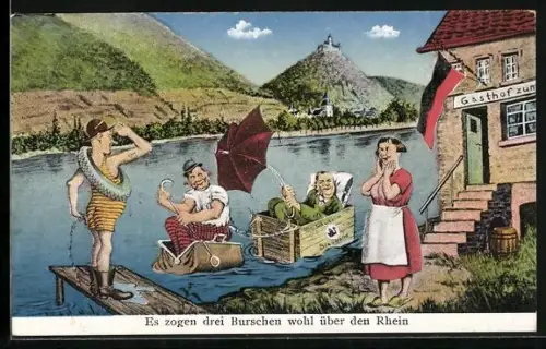 Künstler-AK Es zogen drei Burschen wohl über den Rhein, Scherz