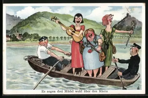 Künstler-AK Es zogen drei Mädel wohl über die Mosel, drei unansehnliche Frauen singen auf einer Bootsfahrt