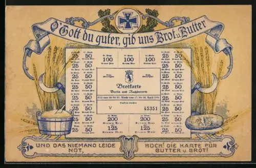 AK Kriegsnot, Brotkarte für Brot & Butter