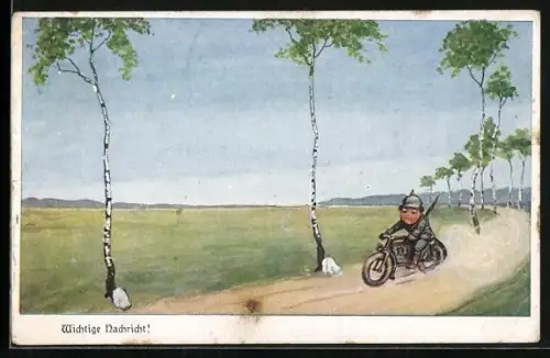 Künstler-AK Ad. Hoffmann: Wichtige Nachricht!, kleiner Soldat mit Pickelhaube auf Motorrad