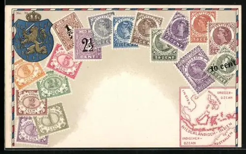 AK Indonesien, Wappen & versch. Briefmarken
