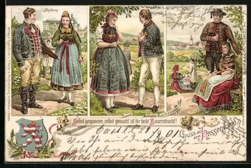 Lithographie Marburg, Schwlam, Nenndorf, Paare in hessischen Trachten