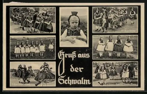 AK Schwalm, Mädchen in Trachten beim Tanz und beim Hochzeitsfest