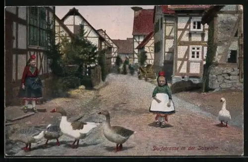 AK Dorfstrasse in der Schwalm, hessische Trachten