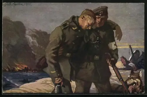 AK Serie: der Sanitätshund im Felde, Hundeführer und Sanitätshund geleiten Verwundeten zum Verbandsplatz