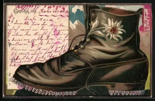 Lithographie Bergsteigerschuh mit Edelweiss-Applikation und Spikes um 1900