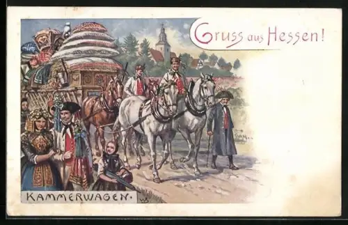 Künstler-AK Festzug in hessischer Tracht mit Kammerwagen