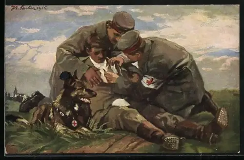 Künstler-AK Sanitätshund neben einem Verwundeten der verbunden wird