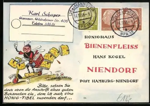 AK Biene als Postbote auf einem Roller