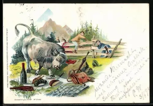 Künstler-AK Picknick in den Bergen wird von wildem Stier gestört
