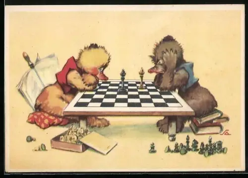 Künstler-AK Bären spielen Schach
