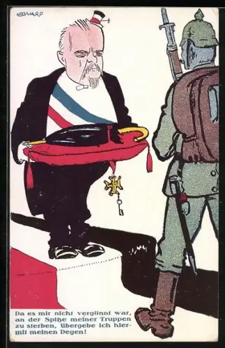 Künstler-AK Karikatur Raymond Poincaré übergibt Degen als Regenschirm an einen Soldaten