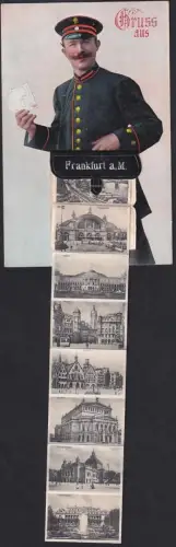 Leporello-AK Frankfurt a.M., Briefträger mit zehn Ansichten von Frankfurt, Hauptbahnhof, Festhalle, Rathaus, Opernhaus