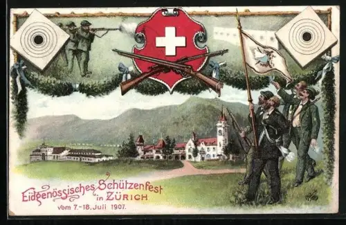 AK Zürich, Eidgenössisches Schützenfest 1907, Schützenverein, Schützen mit Gewehren, Zeilscheibe