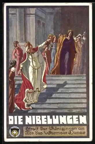 Künstler-AK Ernst Kutzer: Worms, Streit der Königinnen am Tor des Wormser Domes, Die Nibelungen