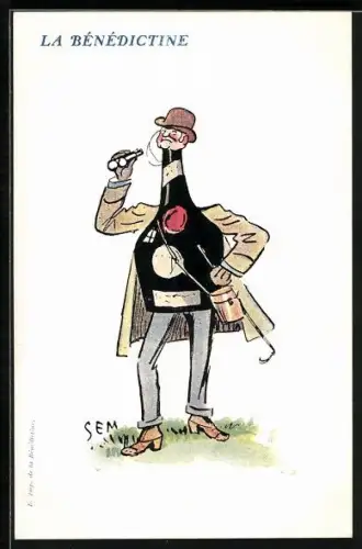 Künstler-AK sign. Sem: La Bénédictine, Mann mit dem Körper einer Flasche, Metamorphose