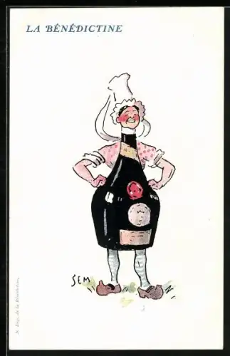 Künstler-AK sign. Sem: Frau mit Holzschuhen und Flaschenkörper, Metamorphose, La Benedictine