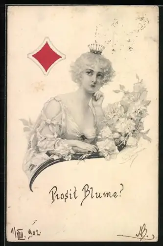Künstler-AK Karo-Dame mit Krone, Kartenspiel