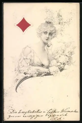 AK Spielkarte Karo-Dame, Frauenporträt mit Krone und Rosen