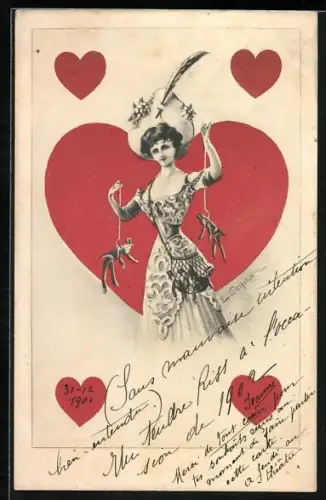Künstler-AK Herz-Spielkarte, Dame spielt mit Männern als Marionetten