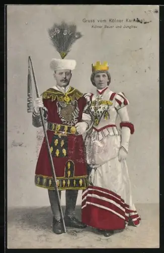 AK Köln, Kölner Bauer und Jungfrau auf dem Karneval